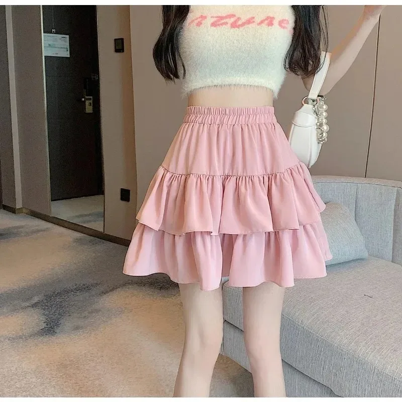 Cute Tiered Ruffle Skirt Women's Flounced A-line Puffy Short Skirts Stretchy High-Waist Mini Skirt Babes Korean Fashion Clothing