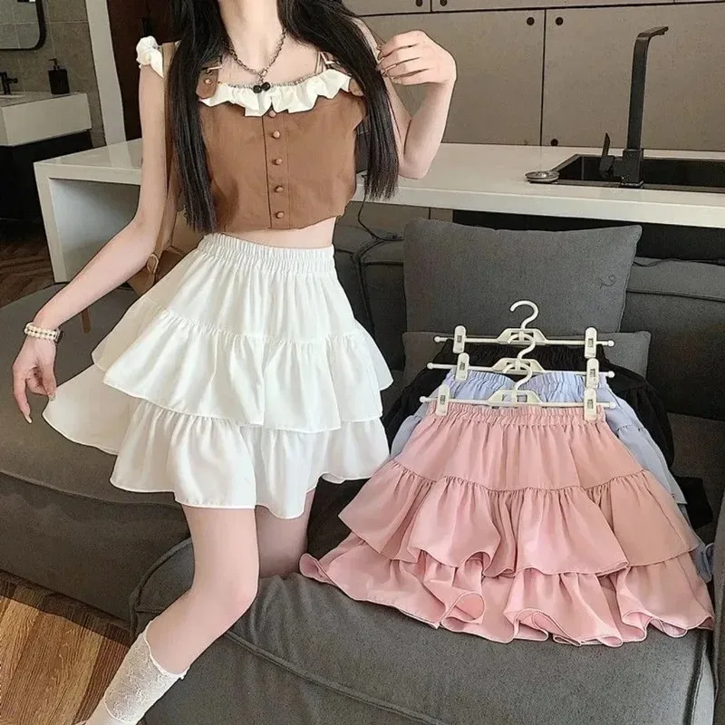 Cute Tiered Ruffle Skirt Women's Flounced A-line Puffy Short Skirts Stretchy High-Waist Mini Skirt Babes Korean Fashion Clothing