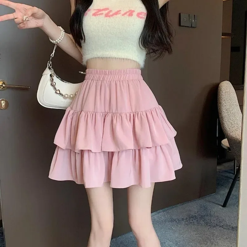 Cute Tiered Ruffle Skirt Women's Flounced A-line Puffy Short Skirts Stretchy High-Waist Mini Skirt Babes Korean Fashion Clothing