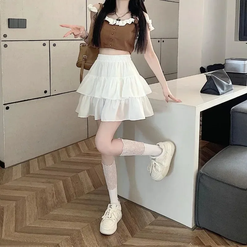 Cute Tiered Ruffle Skirt Women's Flounced A-line Puffy Short Skirts Stretchy High-Waist Mini Skirt Babes Korean Fashion Clothing