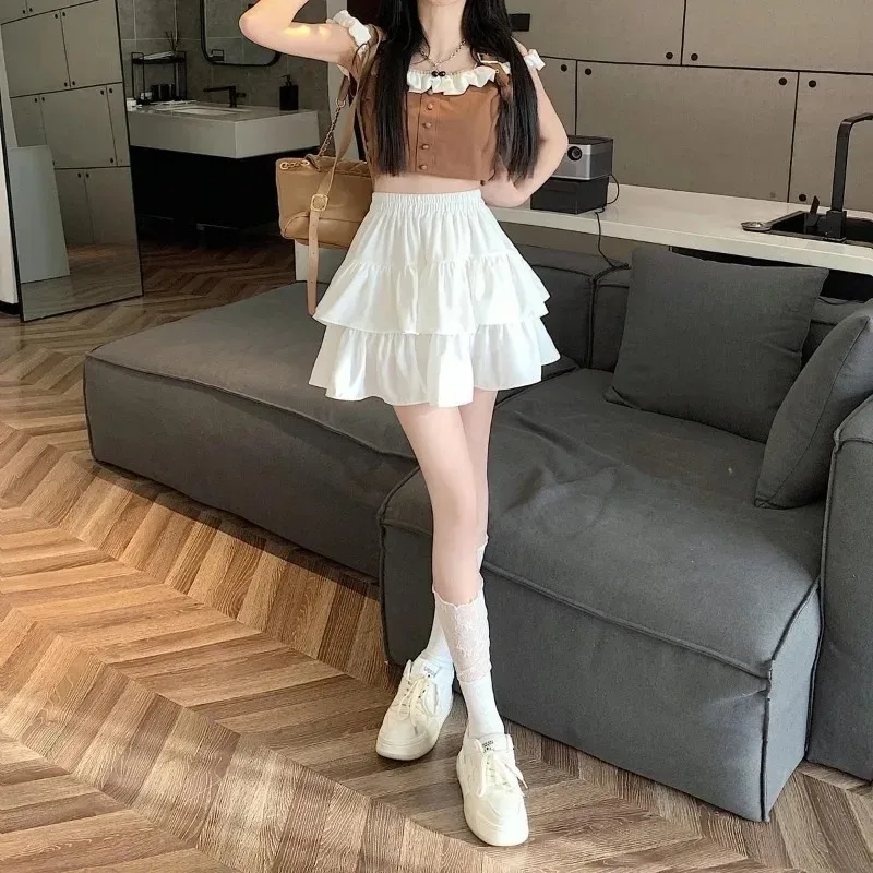 Cute Tiered Ruffle Skirt Women's Flounced A-line Puffy Short Skirts Stretchy High-Waist Mini Skirt Babes Korean Fashion Clothing
