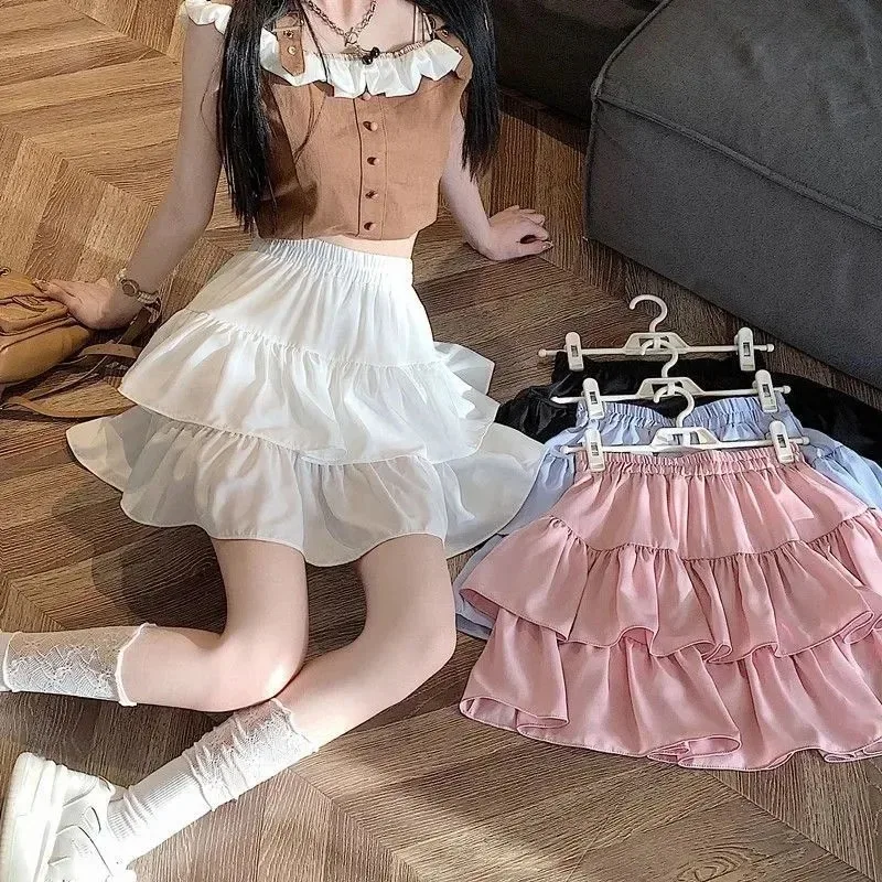 Cute Tiered Ruffle Skirt Women's Flounced A-line Puffy Short Skirts Stretchy High-Waist Mini Skirt Babes Korean Fashion Clothing