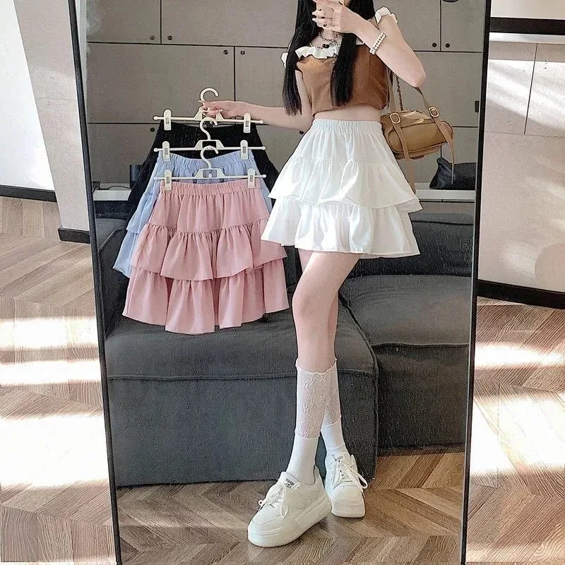 Cute Tiered Ruffle Skirt Women's Flounced A-line Puffy Short Skirts Stretchy High-Waist Mini Skirt Babes Korean Fashion Clothing