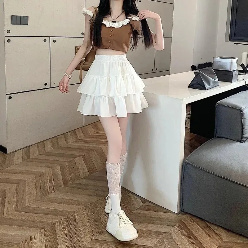 Cute Tiered Ruffle Skirt Women's Flounced A-line Puffy Short Skirts Stretchy High-Waist Mini Skirt Babes Korean Fashion Clothing