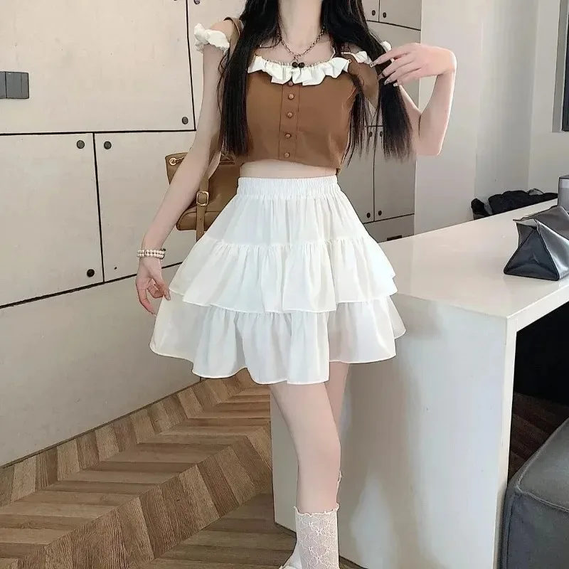 Cute Tiered Ruffle Skirt Women's Flounced A-line Puffy Short Skirts Stretchy High-Waist Mini Skirt Babes Korean Fashion Clothing