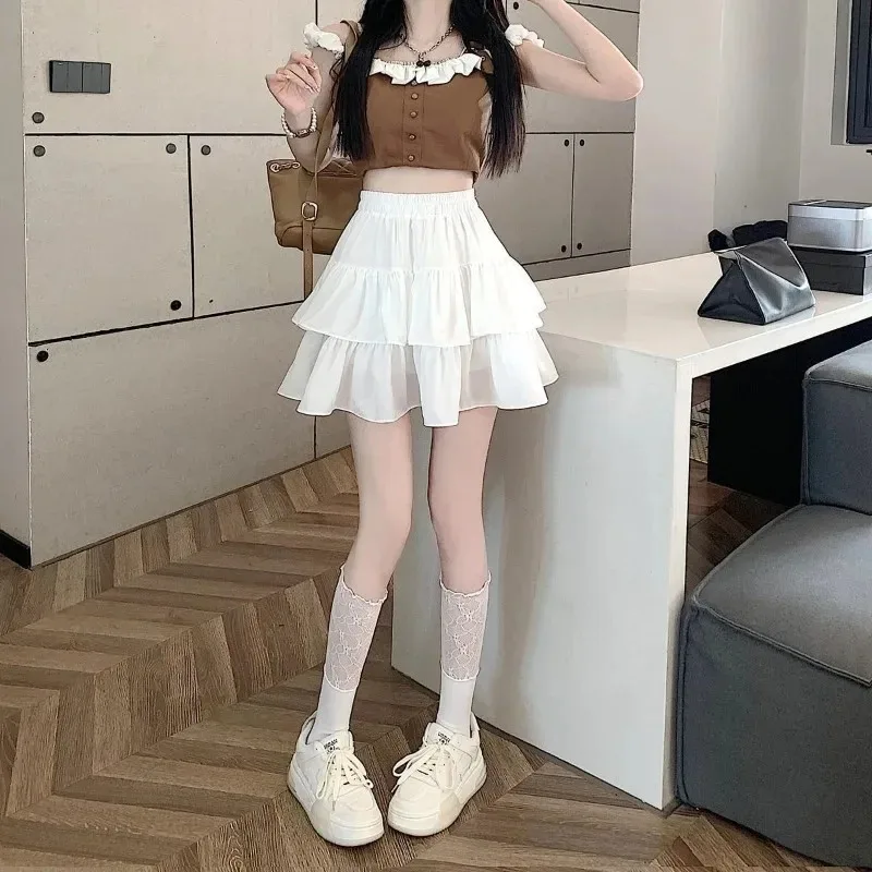 Cute Tiered Ruffle Skirt Women's Flounced A-line Puffy Short Skirts Stretchy High-Waist Mini Skirt Babes Korean Fashion Clothing