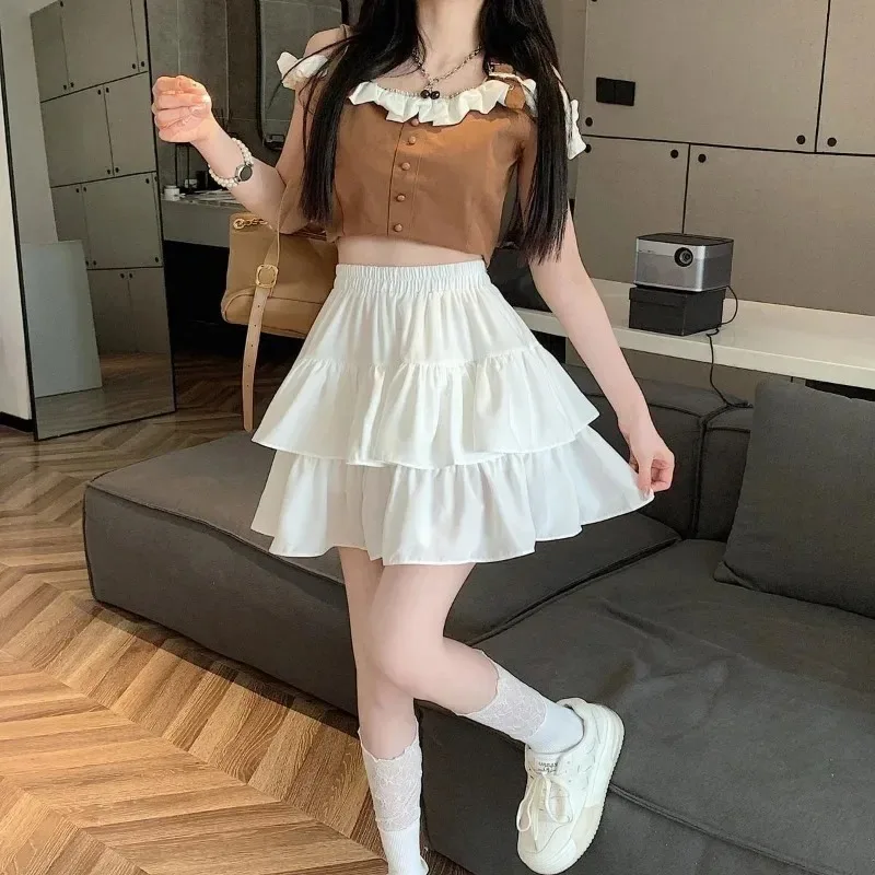 Cute Tiered Ruffle Skirt Women's Flounced A-line Puffy Short Skirts Stretchy High-Waist Mini Skirt Babes Korean Fashion Clothing