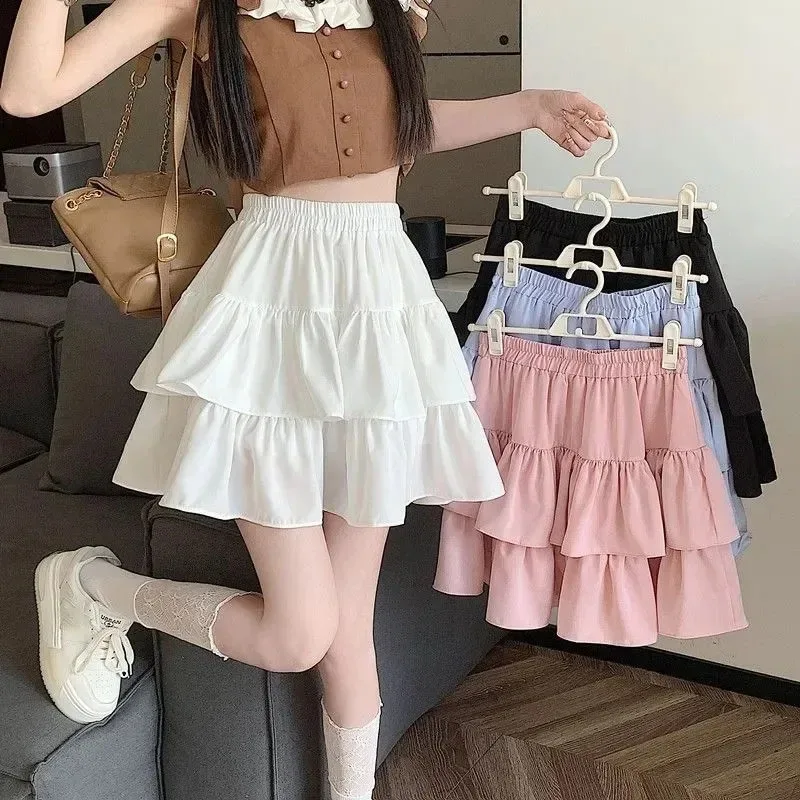Cute Tiered Ruffle Skirt Women's Flounced A-line Puffy Short Skirts Stretchy High-Waist Mini Skirt Babes Korean Fashion Clothing