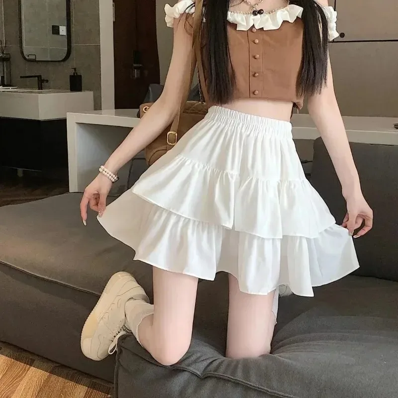 Cute Tiered Ruffle Skirt Women's Flounced A-line Puffy Short Skirts Stretchy High-Waist Mini Skirt Babes Korean Fashion Clothing
