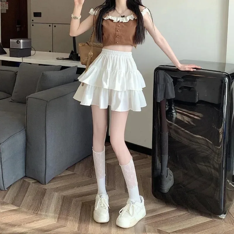 Cute Tiered Ruffle Skirt Women's Flounced A-line Puffy Short Skirts Stretchy High-Waist Mini Skirt Babes Korean Fashion Clothing