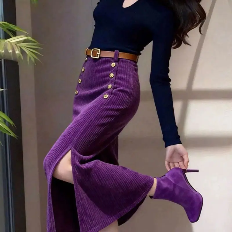 French purple corduroy hip skirt women's autumn and winter straight good-looking split-ended chenille long skirt