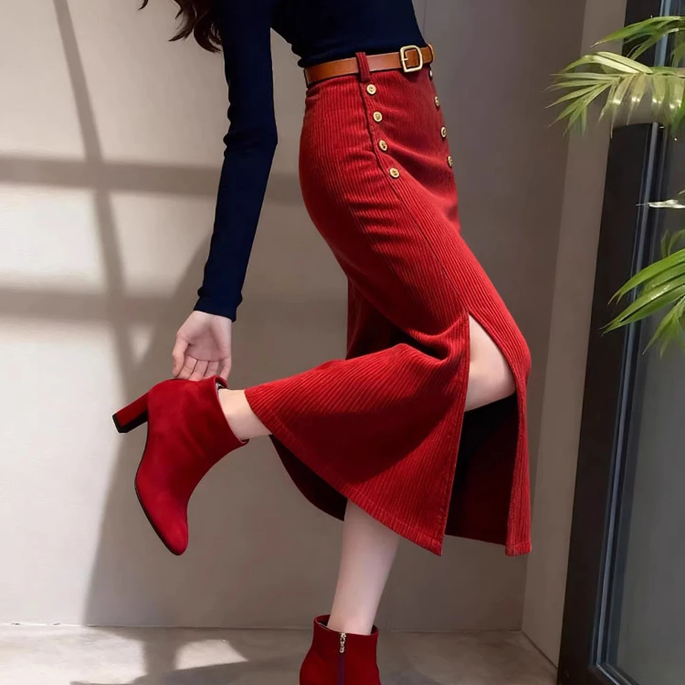 French purple corduroy hip skirt women's autumn and winter straight good-looking split-ended chenille long skirt