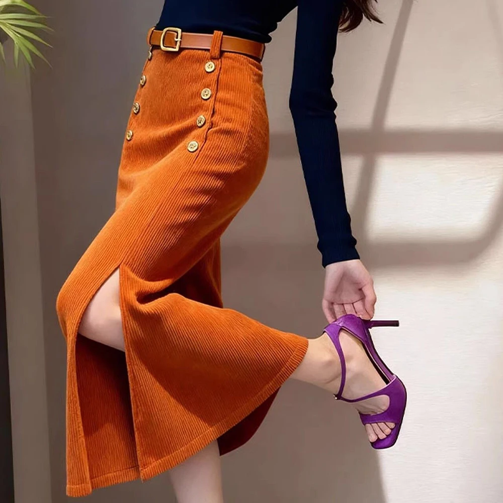 French purple corduroy hip skirt women's autumn and winter straight good-looking split-ended chenille long skirt