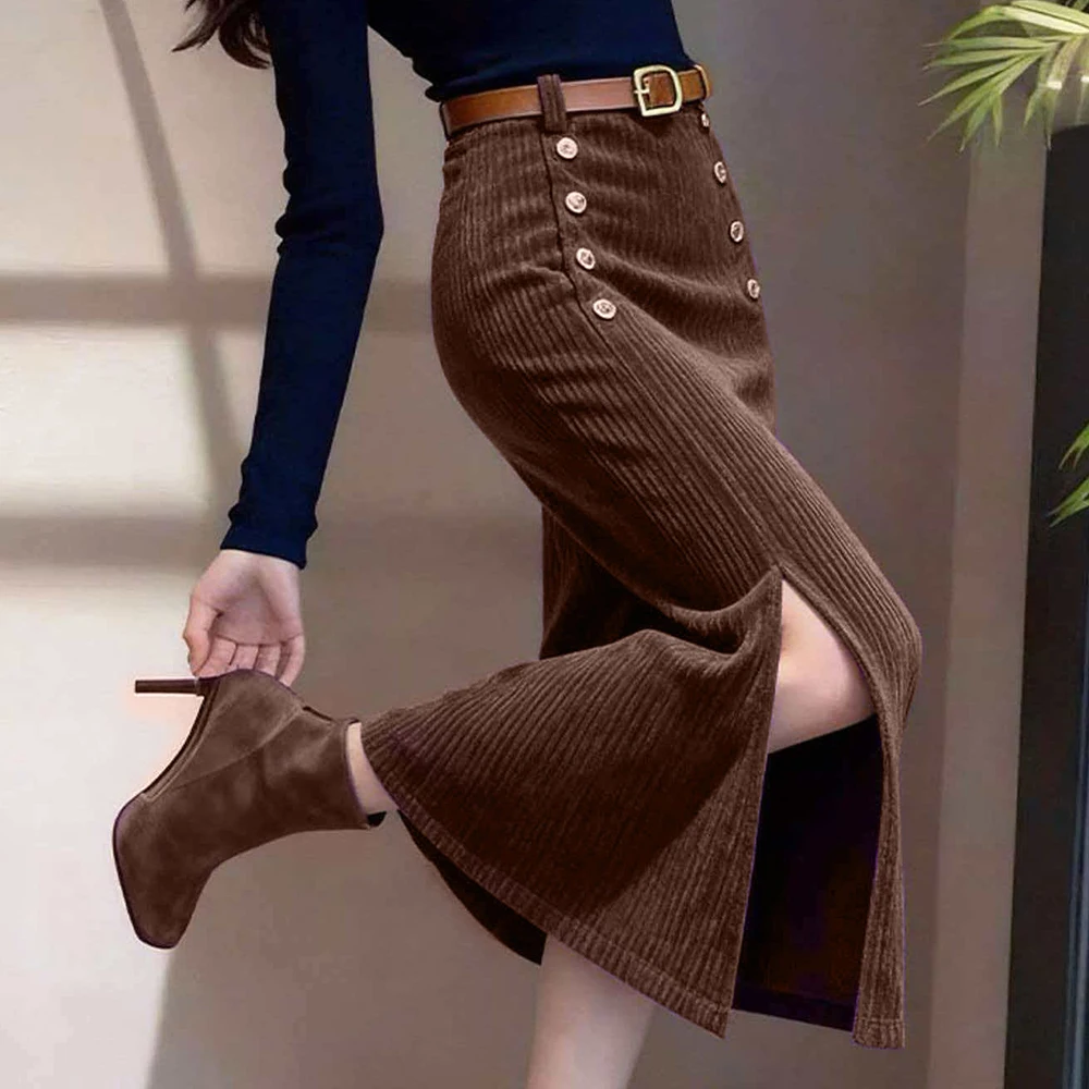 French purple corduroy hip skirt women's autumn and winter straight good-looking split-ended chenille long skirt