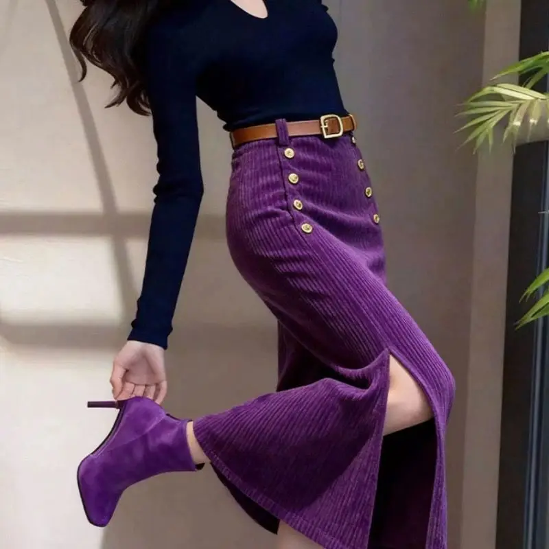 French purple corduroy hip skirt women's autumn and winter straight good-looking split-ended chenille long skirt
