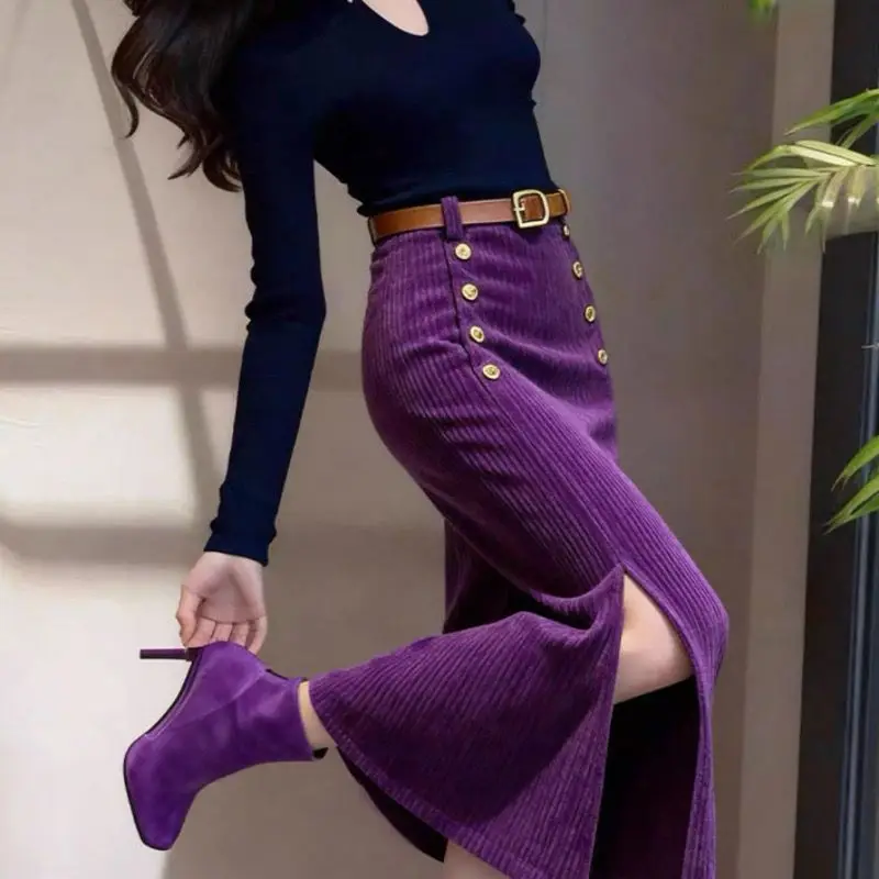 French purple corduroy hip skirt women's autumn and winter straight good-looking split-ended chenille long skirt