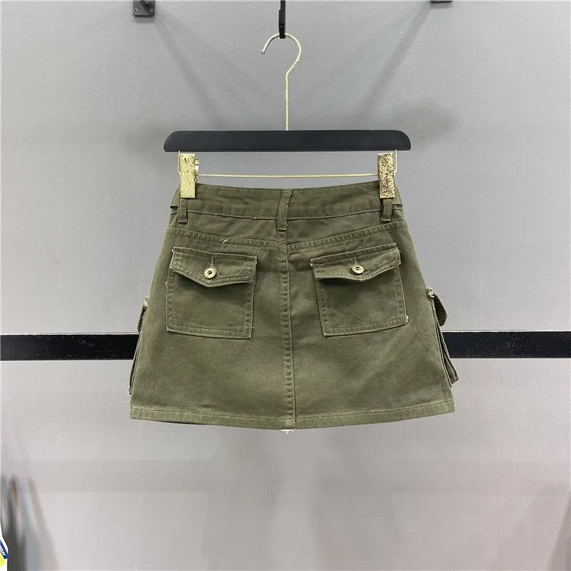Neploe Vintage Army Green Denim Skirt for Women 2026 Summer New Bodycon A-line Skirts Y2k High Waist Pocket Faldas Mujer