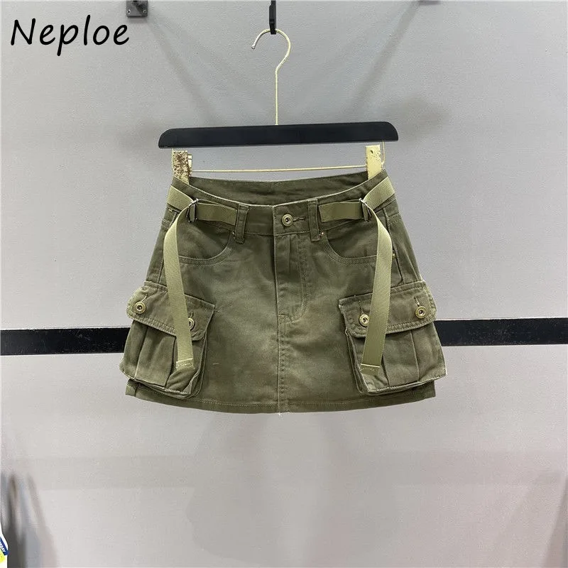 Neploe Vintage Army Green Denim Skirt for Women 2026 Summer New Bodycon A-line Skirts Y2k High Waist Pocket Faldas Mujer