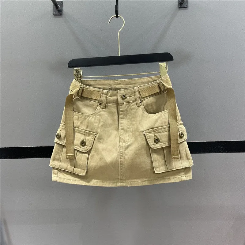 Neploe Vintage Army Green Denim Skirt for Women 2026 Summer New Bodycon A-line Skirts Y2k High Waist Pocket Faldas Mujer