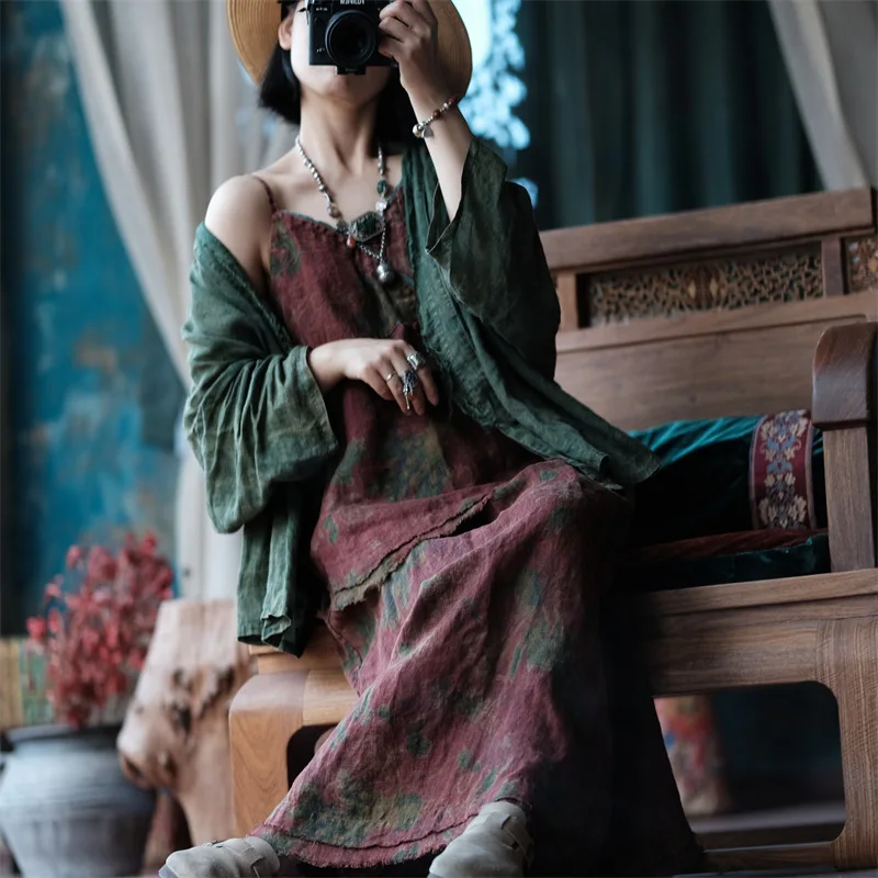 Johnature 2025 Autumn Woman New Original Elasticated Waistband Linen Skirt Fashion Vintage Retro Print Chinese Style Skirt