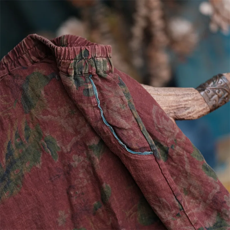 Johnature 2025 Autumn Woman New Original Elasticated Waistband Linen Skirt Fashion Vintage Retro Print Chinese Style Skirt