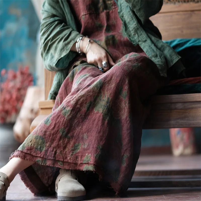 Johnature 2025 Autumn Woman New Original Elasticated Waistband Linen Skirt Fashion Vintage Retro Print Chinese Style Skirt