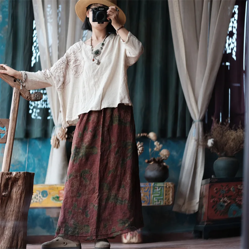 Johnature 2025 Autumn Woman New Original Elasticated Waistband Linen Skirt Fashion Vintage Retro Print Chinese Style Skirt