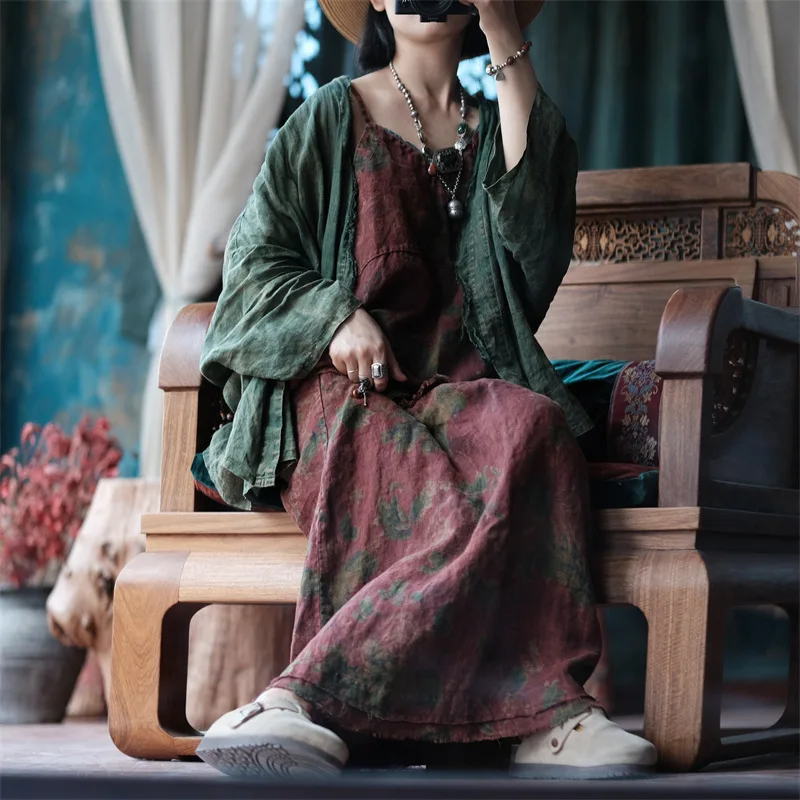 Johnature 2025 Autumn Woman New Original Elasticated Waistband Linen Skirt Fashion Vintage Retro Print Chinese Style Skirt