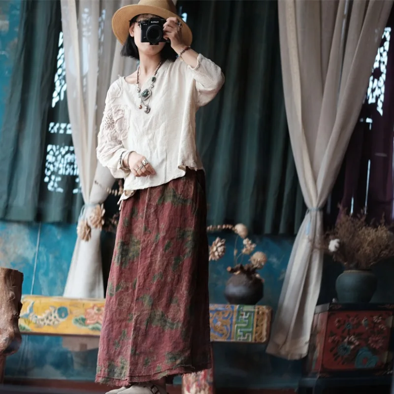 Johnature 2025 Autumn Woman New Original Elasticated Waistband Linen Skirt Fashion Vintage Retro Print Chinese Style Skirt