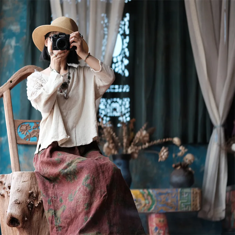 Johnature 2025 Autumn Woman New Original Elasticated Waistband Linen Skirt Fashion Vintage Retro Print Chinese Style Skirt