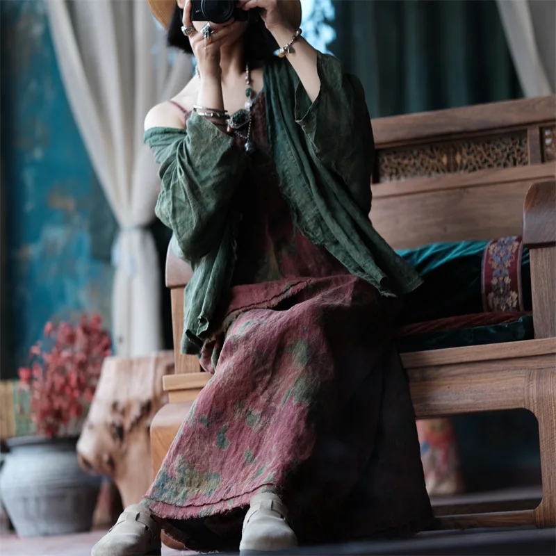 Johnature 2025 Autumn Woman New Original Elasticated Waistband Linen Skirt Fashion Vintage Retro Print Chinese Style Skirt