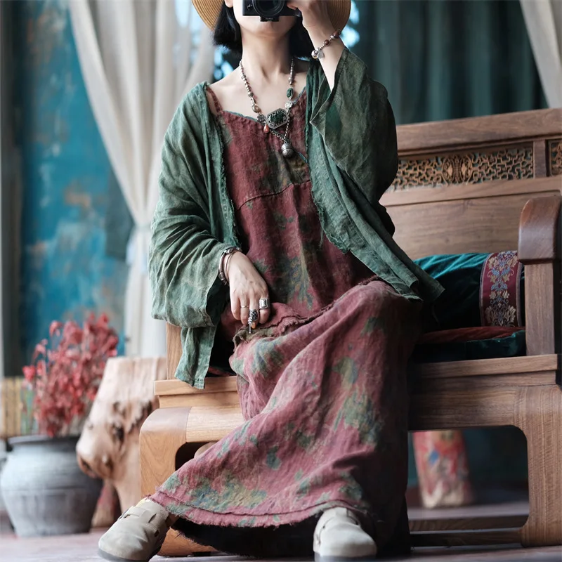 Johnature 2025 Autumn Woman New Original Elasticated Waistband Linen Skirt Fashion Vintage Retro Print Chinese Style Skirt