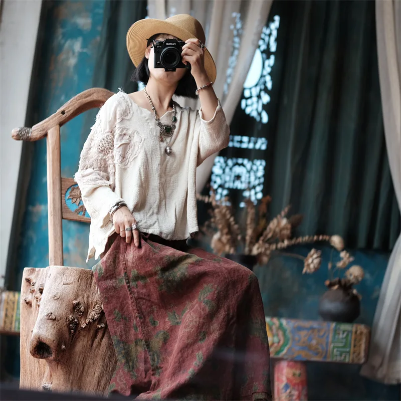Johnature 2025 Autumn Woman New Original Elasticated Waistband Linen Skirt Fashion Vintage Retro Print Chinese Style Skirt