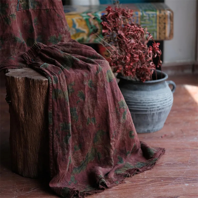 Johnature 2025 Autumn Woman New Original Elasticated Waistband Linen Skirt Fashion Vintage Retro Print Chinese Style Skirt