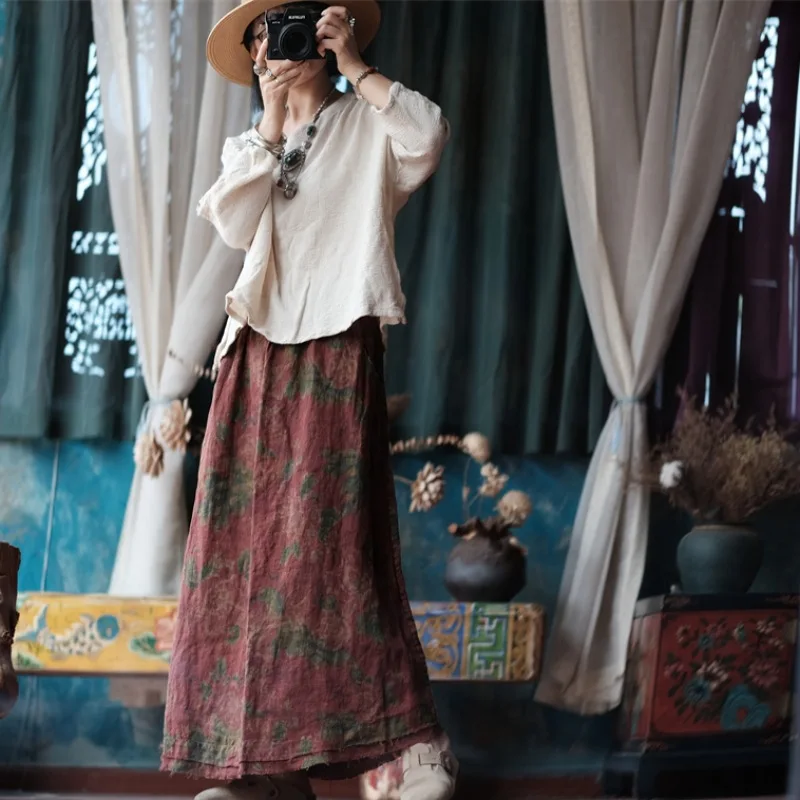 Johnature 2025 Autumn Woman New Original Elasticated Waistband Linen Skirt Fashion Vintage Retro Print Chinese Style Skirt