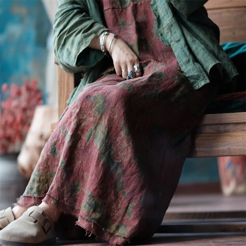 Johnature 2025 Autumn Woman New Original Elasticated Waistband Linen Skirt Fashion Vintage Retro Print Chinese Style Skirt