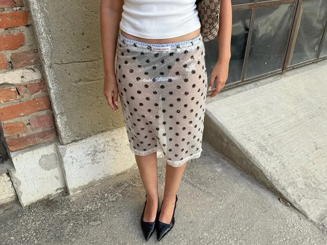 Sexy Polka Dot Sequin Midi Skirt Women Ruched Lace Patchwork Elastic Waist Bodycon Pencil Skirts Lady Party Dating Glitter Wear
