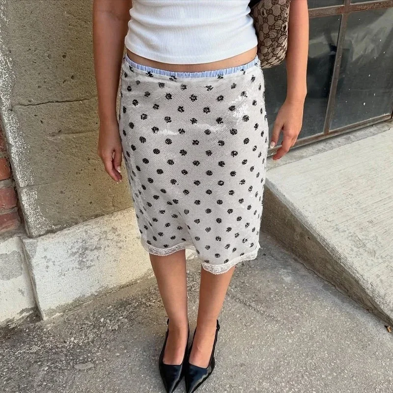 Sexy Polka Dot Sequin Midi Skirt Women Ruched Lace Patchwork Elastic Waist Bodycon Pencil Skirts Lady Party Dating Glitter Wear