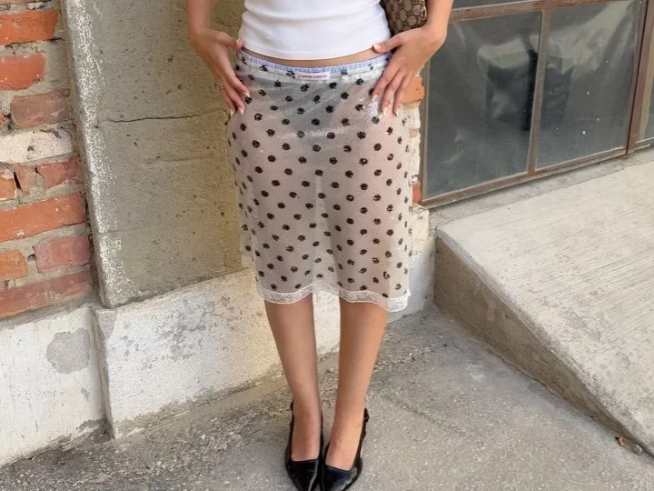 Sexy Polka Dot Sequin Midi Skirt Women Ruched Lace Patchwork Elastic Waist Bodycon Pencil Skirts Lady Party Dating Glitter Wear