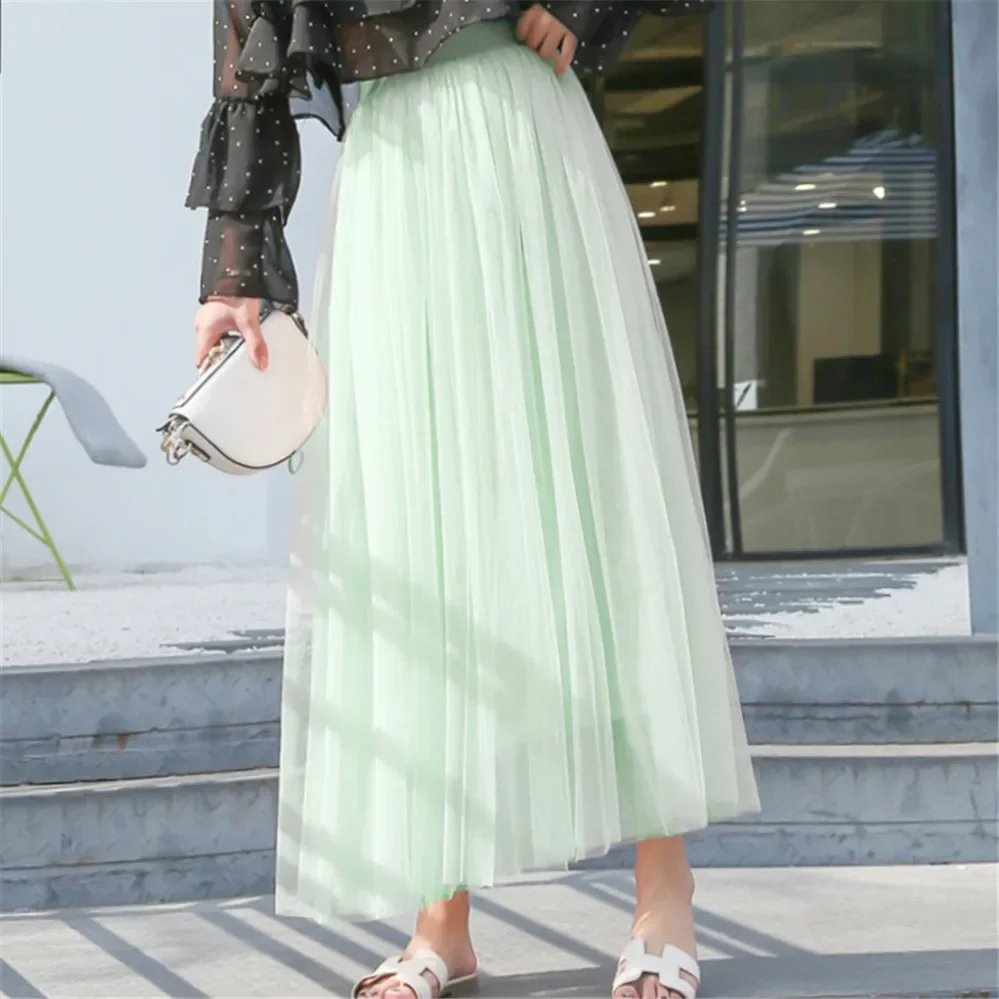 Vintage Tulle Skirt Women Streetwear Elastic High Waist Mesh Pleated Skirts Summer Elegant Korean A Line Office Ladies Skirt New