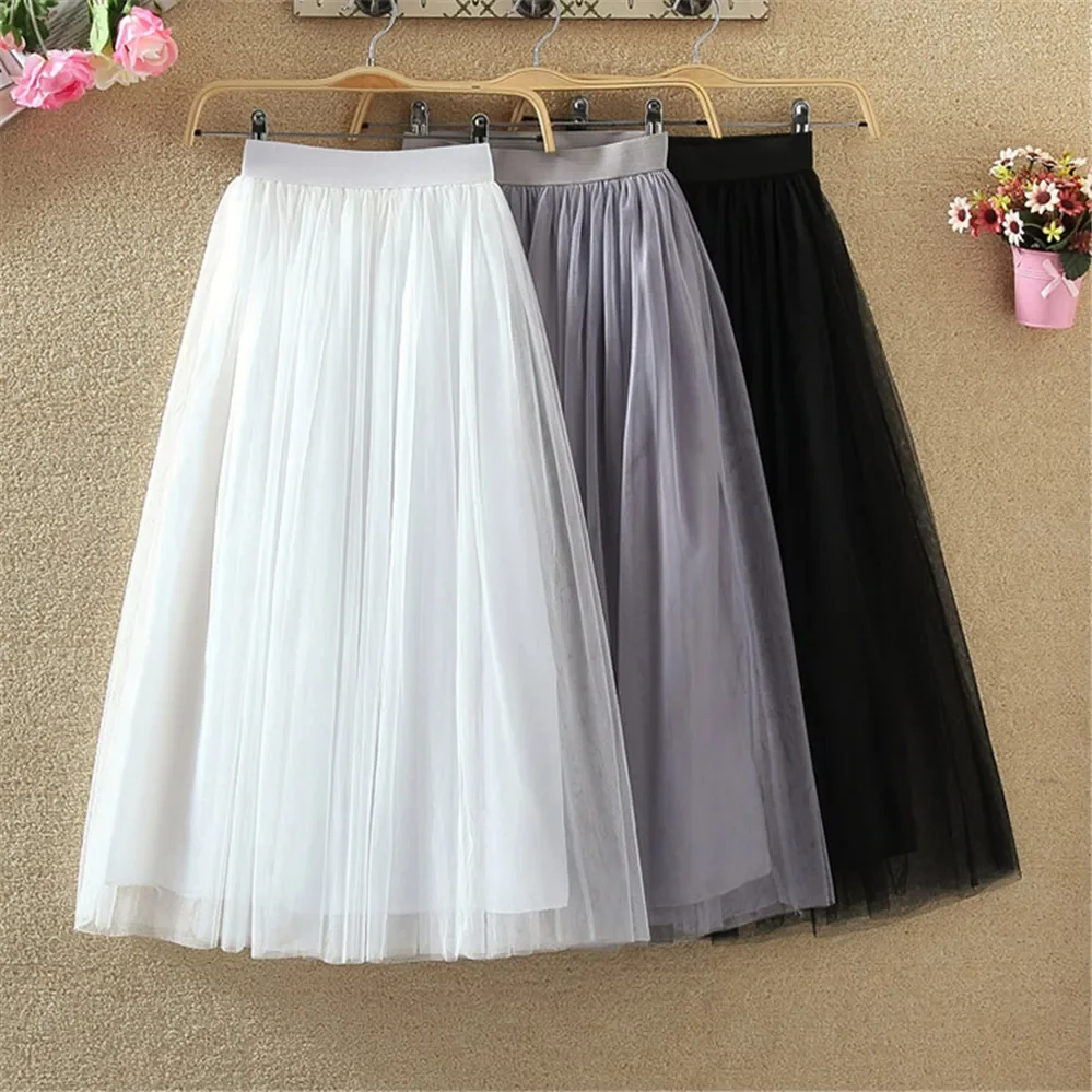 Vintage Tulle Skirt Women Streetwear Elastic High Waist Mesh Pleated Skirts Summer Elegant Korean A Line Office Ladies Skirt New