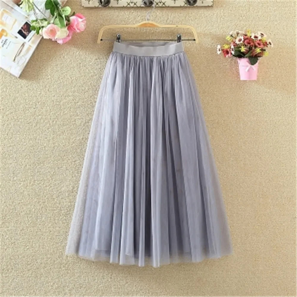 Vintage Tulle Skirt Women Streetwear Elastic High Waist Mesh Pleated Skirts Summer Elegant Korean A Line Office Ladies Skirt New