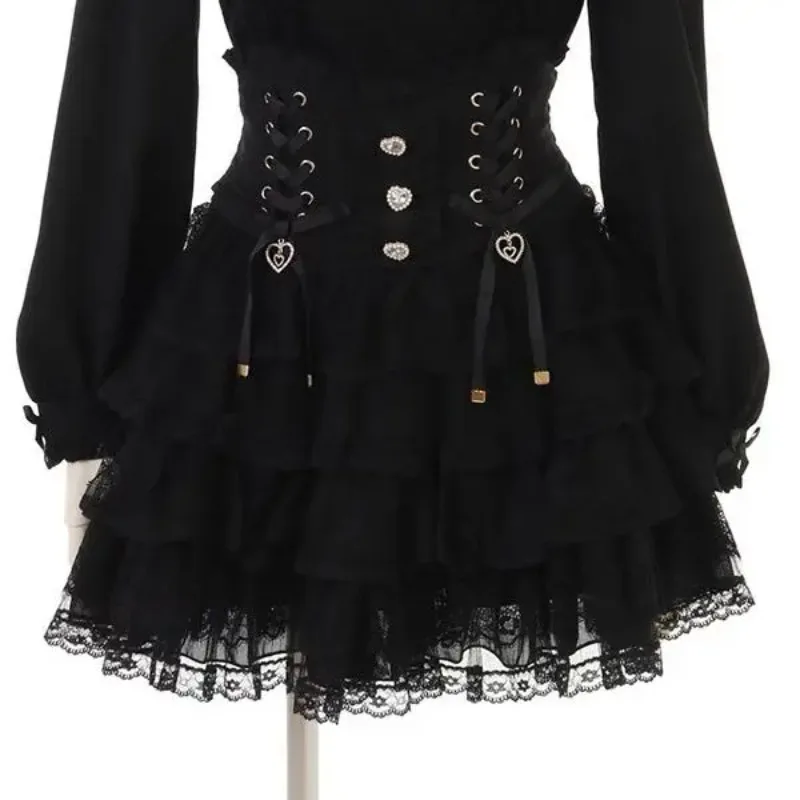 Sweet Kawaii Gothic Lolita Skirt Women Lace Ruffle High Waist Tiered Skirt with Bow Pearl Chain Decor Cute A-line Mini Skirt