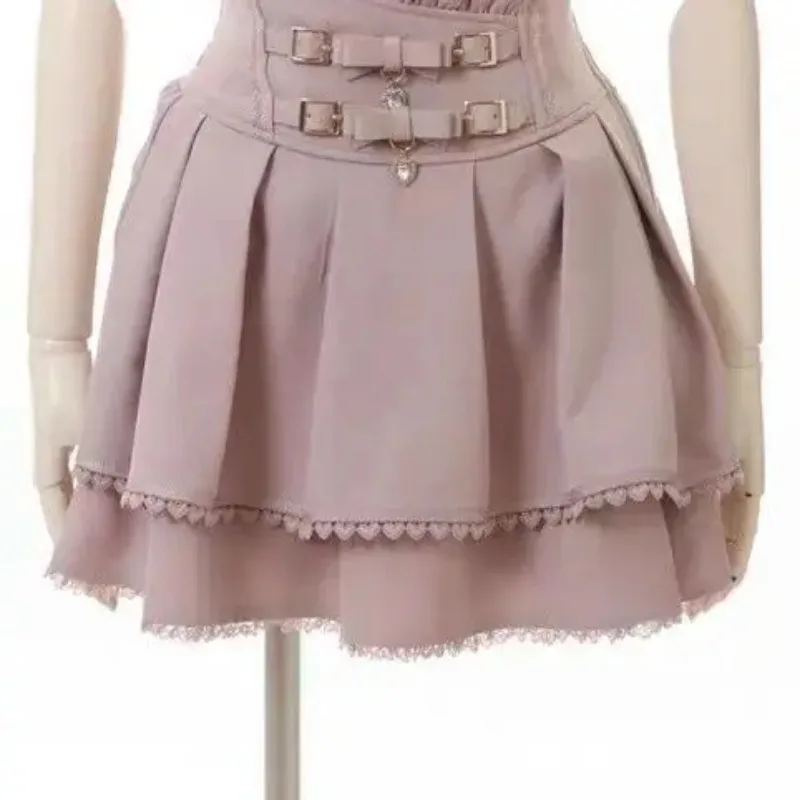 Sweet Kawaii Gothic Lolita Skirt Women Lace Ruffle High Waist Tiered Skirt with Bow Pearl Chain Decor Cute A-line Mini Skirt
