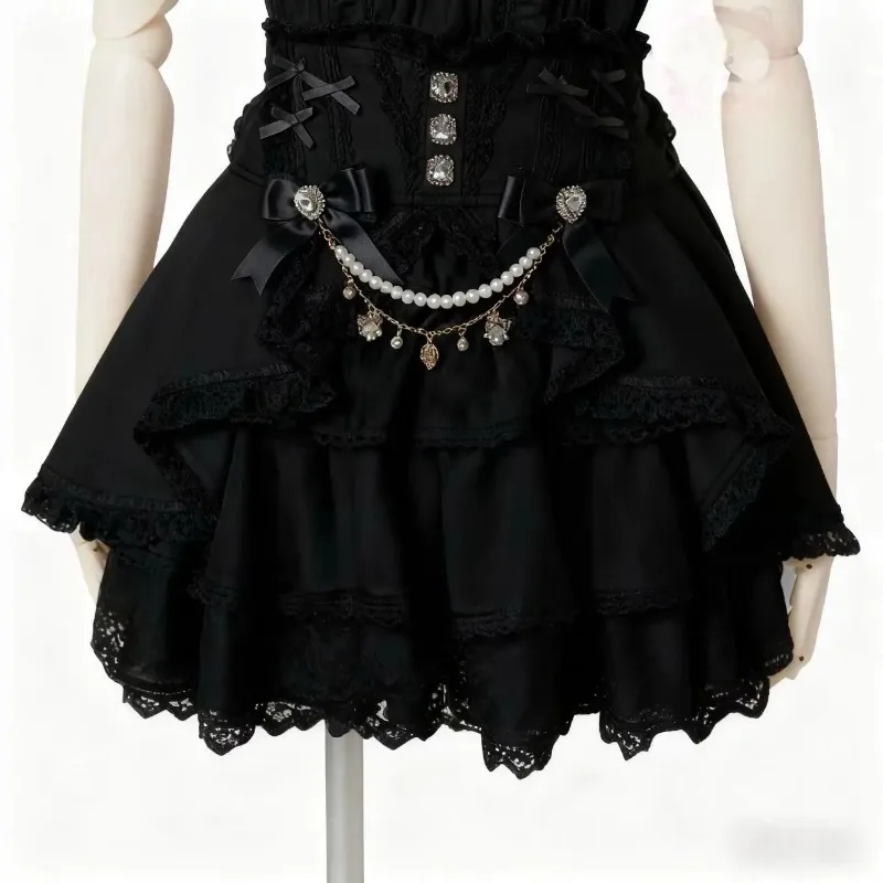 Sweet Kawaii Gothic Lolita Skirt Women Lace Ruffle High Waist Tiered Skirt with Bow Pearl Chain Decor Cute A-line Mini Skirt