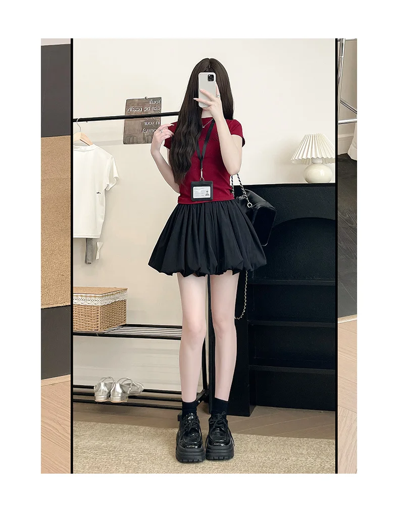 Women's Mini Skirt High Waist A-Line Slimming Summer Skirt with Built-in Shorts for Petite, Pleated Puff Hem Pink