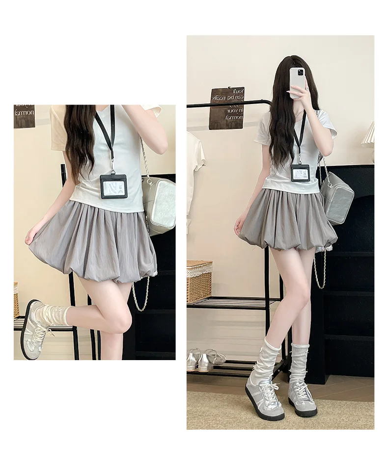 Women's Mini Skirt High Waist A-Line Slimming Summer Skirt with Built-in Shorts for Petite, Pleated Puff Hem Pink
