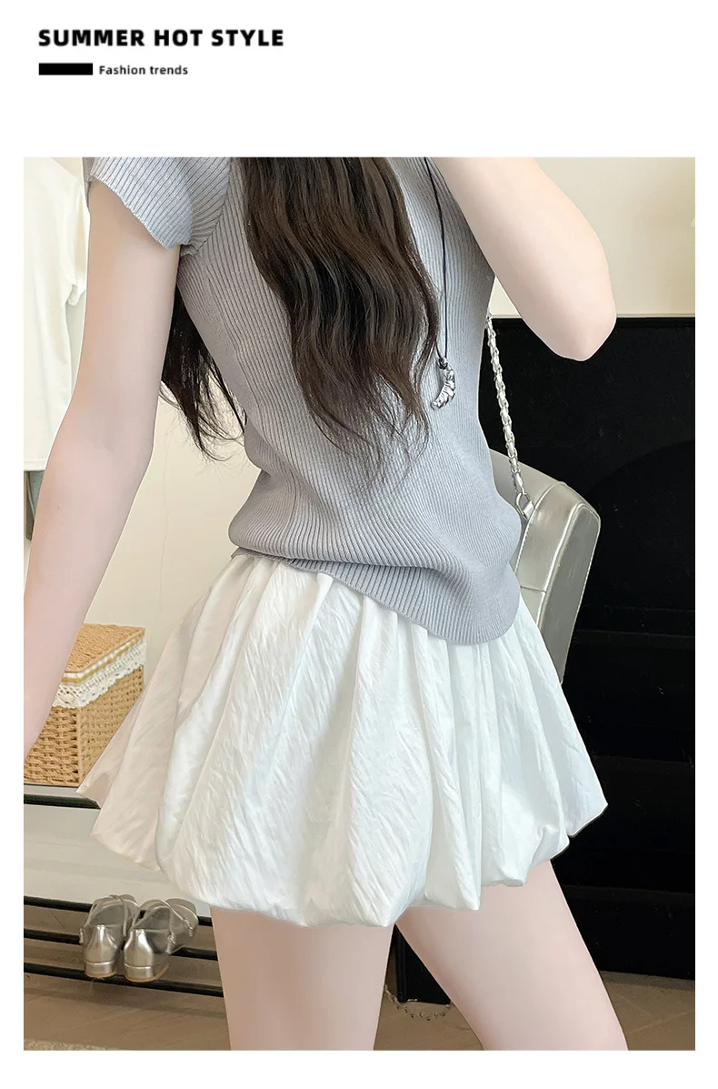 Women's Mini Skirt High Waist A-Line Slimming Summer Skirt with Built-in Shorts for Petite, Pleated Puff Hem Pink