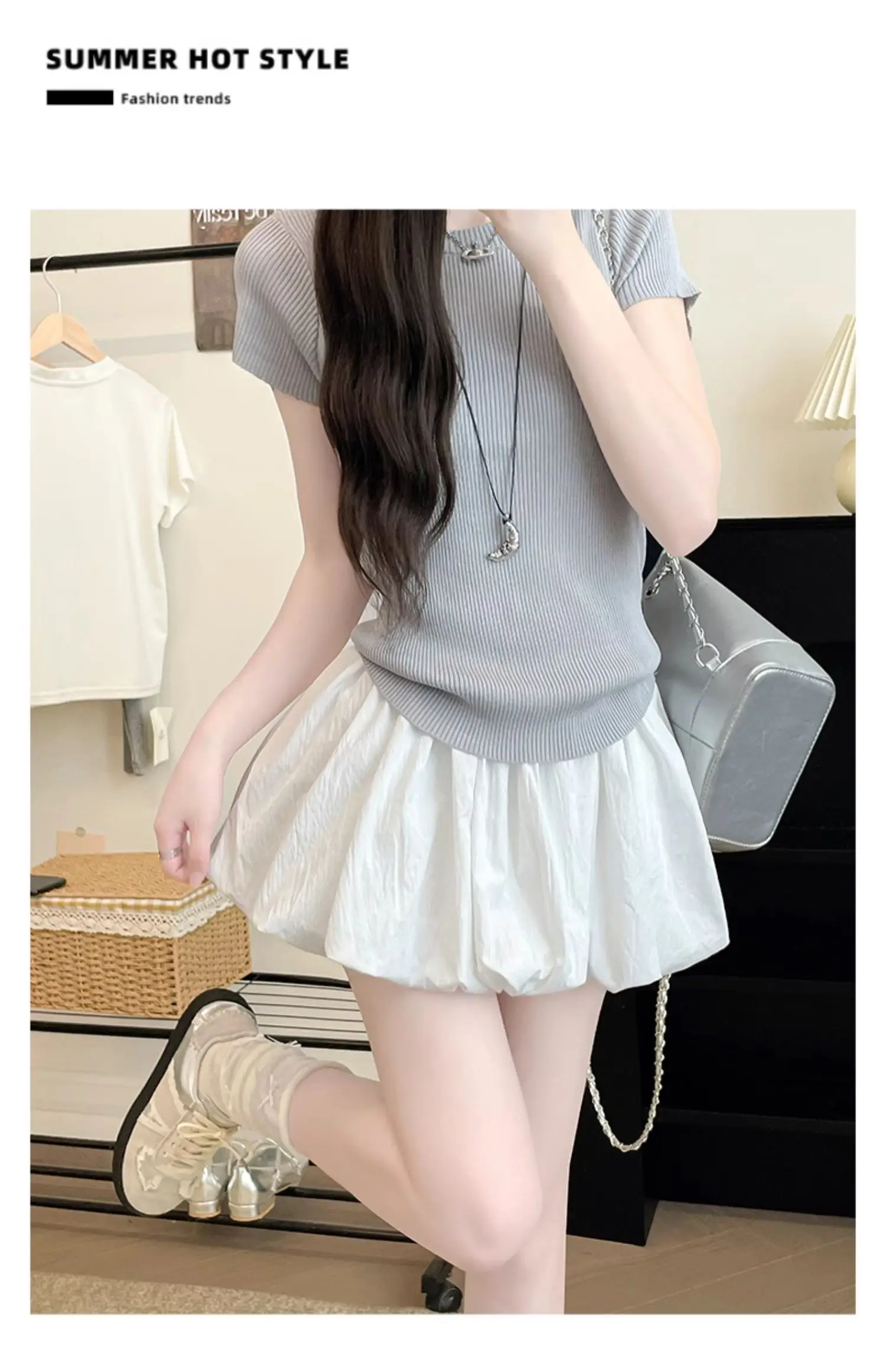 Women's Mini Skirt High Waist A-Line Slimming Summer Skirt with Built-in Shorts for Petite, Pleated Puff Hem Pink