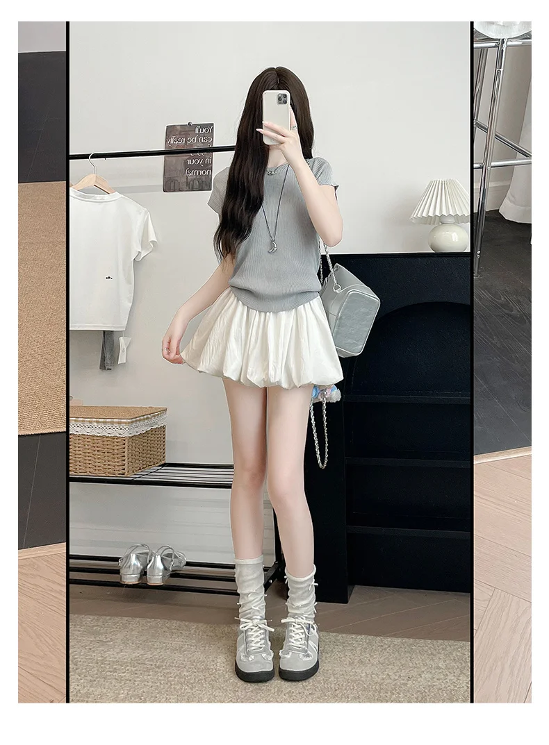 Women's Mini Skirt High Waist A-Line Slimming Summer Skirt with Built-in Shorts for Petite, Pleated Puff Hem Pink